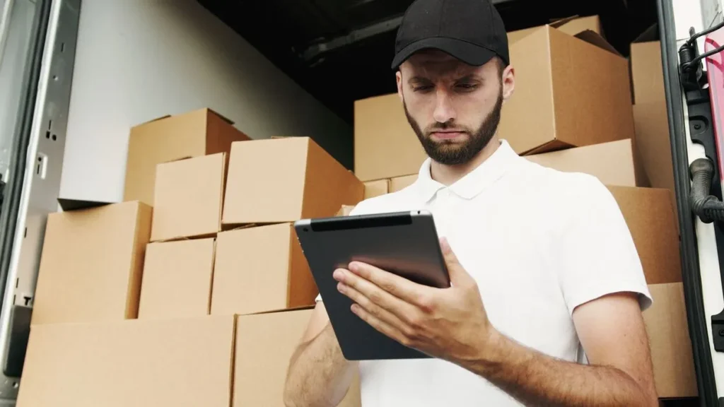 Restaurant manager checking ingredient cartons and a digital stock transfer record